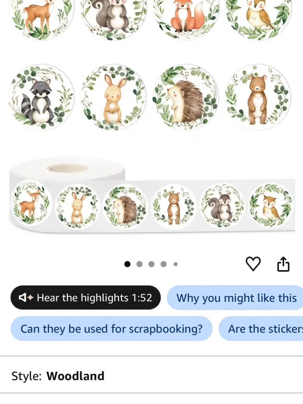 Woodland Animal Round Sticker Roll – Cute Forest Party Stickers in Green